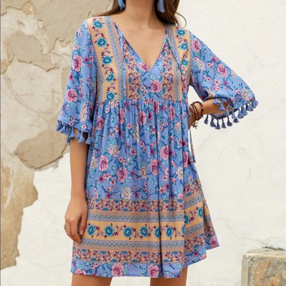 Boho floral print fringe trim dress- BLUE - Picture 3 of 14